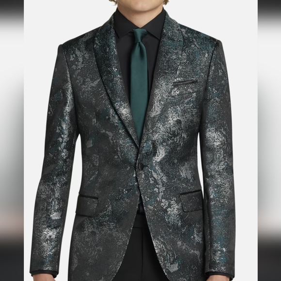 Egara skinny fit elegant formal dinner men's green Shawl Metalli Pattern Sz-38R
